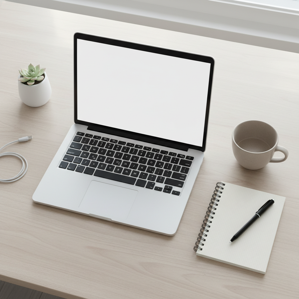 Minimalist flat-lay of a clean modern workspace: open laptop, notebook, coffee cup, soft natural light, muted neutral tones, editorial photography style, top-down view, no faces